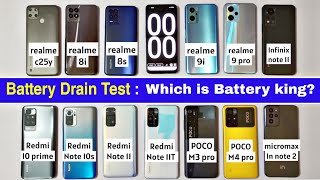 Battery Drain Test realme C25y8i8s9i9pro  Redmi 10 prime10snote11note11T  POCO M3M4 pro5g [upl. by Enitsrik]