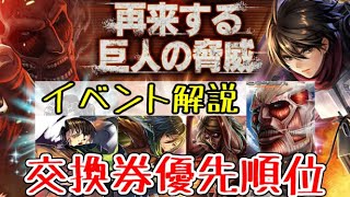 【ラスクラ】進撃の巨人コラボ！「再来する巨人の脅威」イベントやり方！復刻交換券の優先順位紹介！※上級はランダムで15になる模様です。 [upl. by Bilow]