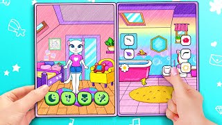 Paper Dolls Quiet Book  My Talking Angela in Quiet Book 😍 Pink Kitty House Decor  WOA Doll Channel [upl. by Cupo]