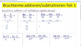 Bruchterme addieren subtrahieren Teil 1 9 Beispiele [upl. by Llerahc242]