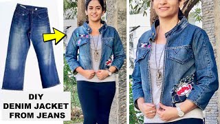 DIY Full Sleeve Denim Jacket from Old Jeans  Coolest Girls Jacket from Jeans  stayathome DIY [upl. by Nohtanhoj625]