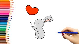 Kaip nupiešti ZUIKĮ SU ŠIRDELĖS FORMOS BALIONU  How to draw a bunny with a heart shaped balloon [upl. by Rotow]