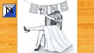 How to draw a Girl celebrate 2024  Happy New Year Drawing  Pencil Drawing  New Year Drawing [upl. by Arevle]