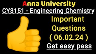 cy3151 engineering chemistry  important Questions How to get easy pass060224  anna university [upl. by Hoashis]