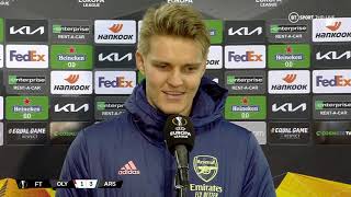 quotI felt at home since the first dayquot Martin Odegaard speaks after first Arsenal goal vs Olympiacos [upl. by Leunamnauj]