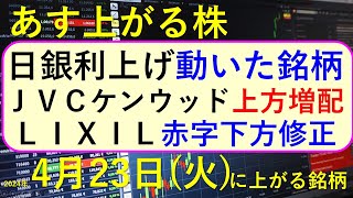 あす上がる株 2024年４月２３日（火）に上がる銘柄 ～最新の日本株での株式投資。日銀植田総裁の利上げ報道、ＪＶＣケンウッド、ＬＩＸＩＬ決算と三菱UFJの株価の推移。高配当株やデイトレ情報も～ [upl. by Onaimad]