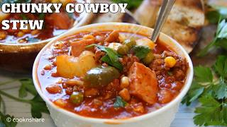 Chunky Chuckwagon Cowboy Stew  Wood Fire Grilling [upl. by Licna689]