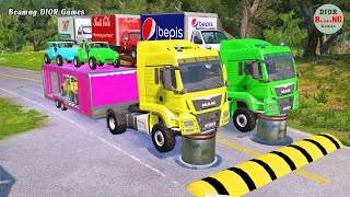 Double Flatbed Trailer Truck vs speed bumpsBusses vs speed bumpsBeamng Drive1011 [upl. by Glori]