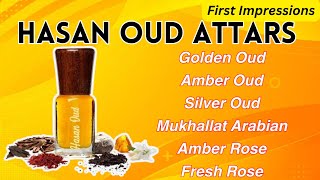 Hasan Oud Attars  Golden Oud  Silver Oud  Amber Oud  Amber Rose  Mukhallat Arabian Fresh Rose [upl. by Pimbley]