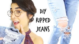 DIY Ripped Boyfriend Jeans  Quick amp Easy Tutorial [upl. by Edlun]