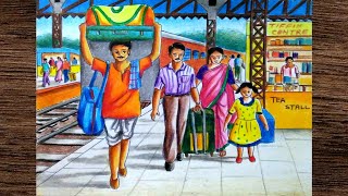 Railway station scenery drawing step by stepRailway station drawing oil pastels [upl. by Alwyn815]