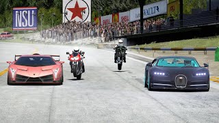 Kawasaki Ninja H2R vs Suzuki TL1000R vs Lamborghini Veneno vs Bugatti Chiron at Old SPA [upl. by Erreipnaej]