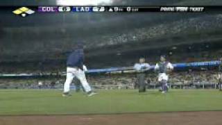 2008 Dodgers Nomar Garciaparra reaches for grounder leaves the game with injury 42608 [upl. by Ainollopa]