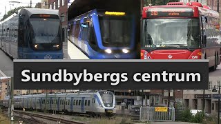 C20 tåg vid Sundbybergs centrum tunnenbana Samt bussar spårvagnar och pendeltåg [upl. by Assadah]