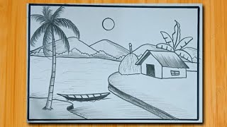 gramer drisso drawing  village house scenery easy and simple scenery drawing for beginners [upl. by Sardella]