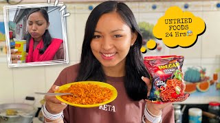 I only ate UNTRIED FOODS for 24 HOURS😍🤯 Trying Volcano Noodles🌋 [upl. by Iva]