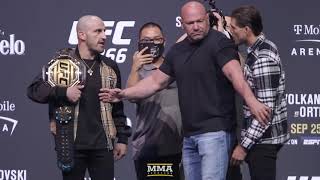 Alexander Volkanovski vs Brian Ortega Trash Talk During Tense Staredown  UFC 266  MMA Fighting [upl. by Ainez]