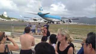 KLM 747 flight taking off Maho Beach 310112 [upl. by Coad332]