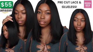 55 GLUELESS BOB WIG FROM AMAZON WEAR N GO 12 INCH PRE CUT LACE BOB WIG  ORIGINAL QUEEN HAIR [upl. by Stanleigh]