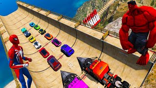 Spiderman team vs RedHulk team SportCars Ferrari Police Lamborghini Porsche 922 Ramp Challnege GTA 5 [upl. by Haff]