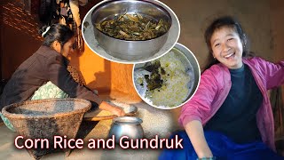 Corn Rice and Gundruk  fermented leafy green vegetable in village nepalivillagekitchen [upl. by Lisabet]