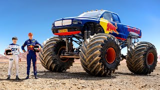 F1 Drivers Race HUGE Mega Trucks Max Verstappen vs Yuki Tsunoda [upl. by Encratis483]