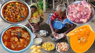 village cooking CHICKEN MEAT CURRY And ALU KUMRO Recipe prepared for eating lunch [upl. by Kimbell]