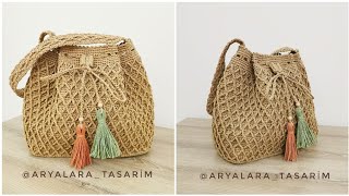 Aryalara Tasarım İmzalı Kağıt ipten baklava dilimi model torba çanta yapımı crochetbag handmadebag [upl. by Demetre]