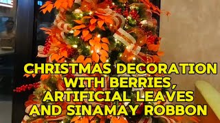 CHRISTMAS DECORATION WITH BERRIES ARTIFICIAL LEAVES AND SINAMAY ROBBON [upl. by Ah]