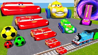 FAT CAR vs LONG CARS with Big amp Small Wide Lightning Mcqueen vs Thomas Trains  BeamNGDrive [upl. by Aicatan]