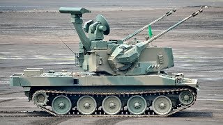 Japanese Gepard  Mitsubishi Type 87 Selfpropelled Antiaircraft Gun Oerlikon KDA 35 mm twin cannon [upl. by Landes]