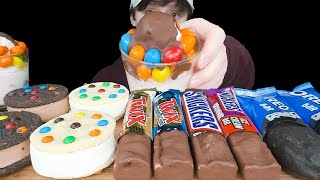 ASMR Chocolate Candy Ice Cream MampM Cookie Sandwich Twix Snickers Peanut Brownie Oreo Bar [upl. by Eimirej228]