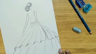 Easy girl backside drawing ideas pencil sketch tutorial  how to draw a girl dress [upl. by Garreth]