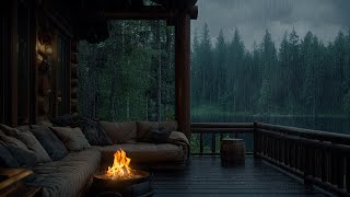 Relax amp Sleep Better with the Sound of Rain  Cozy Rain on the Balcony Lakeside with Crackling Fire [upl. by Draillih]