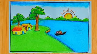 village scenery  gramer drisso  easy village landscape drawing  gaon ka chitra [upl. by Wons773]