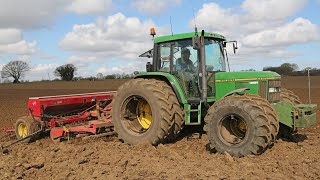 1993 John Deere 6400 with Vicon power harrow  Juko drill  Drilling spring barley  Classic Farming [upl. by Yllim]