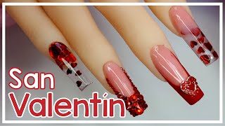 Uñas acrílicas para SAN VALENTÍN en COLOR ROJO  CRISTALES Y DECORACIONES  Tutorial PASO A PASO [upl. by Ling]