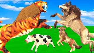 10 Zombie Tiger vs 10 Wolfs Fight Cow Cartoon Buffalo Saved By Woolly Mammoth Elephant Vs Sabertooth [upl. by Ahcsat]