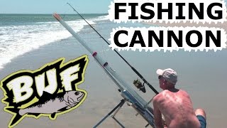 BEACH FISHING CANNON BAIT CASTER 300 YARD CASTING OFFSHORE 6 FOOT SHARKS BUNKER UP FISHING [upl. by Nahamas]