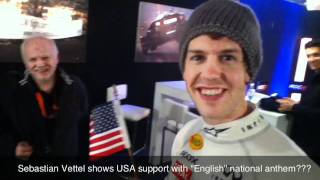 Sebastian Vettel Shows USA Support With quotEnglishquot National Anthem [upl. by Felten]