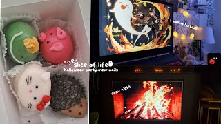 Slice of life🥡 cozy day at home halloween partybubble tea pulling hu tao and more [upl. by Ylluz]