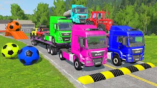 Flatbed Trailer Cars Transportation with Truck  Speedbumps vs Cars vs Train  BeamNGDrive [upl. by Amehr602]