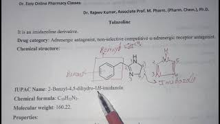 Tolazoline Structure IUPAC Properties Uses Formulation Brand name Adrenergic antagonist drug D Pharm [upl. by Aliuqat]