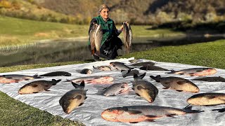 We Caught Huge Carp In A Mountain Lake And Cooked Dinner For The Whole Village Family [upl. by Dall]