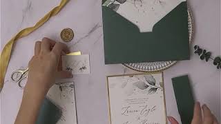 DIY greenery wedding invitation set with emerald green envelope and belly band [upl. by Avlem]