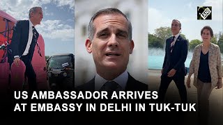 US Ambassadordesignate Eric Garcetti arrives US Embassy in Delhi in TukTuk [upl. by Nelo760]