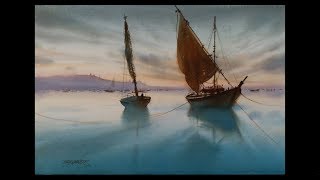 Watercolour landscape painting  Boat over the seashore  Ganesh Hire [upl. by Freyah]