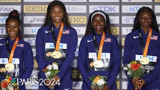 Team USA gets their golds after beating Jamaica once again in womens 4x100 at Worlds  NBC Sports [upl. by Akinnor998]