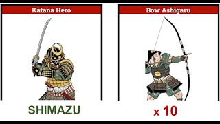 Total War SHOGUN 2 1vs10 Shimazu Katana Hero vs 10 Bow Ashigaru MELEE COMBAT [upl. by Ahsita]