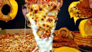 ASMR MUKBANG EXTRA CHEESY PIZZA CRISPY CHICKEN HASH BROWNS amp ONION RINGS  WITH RANCH  Magic Mikey [upl. by Notecnirp967]